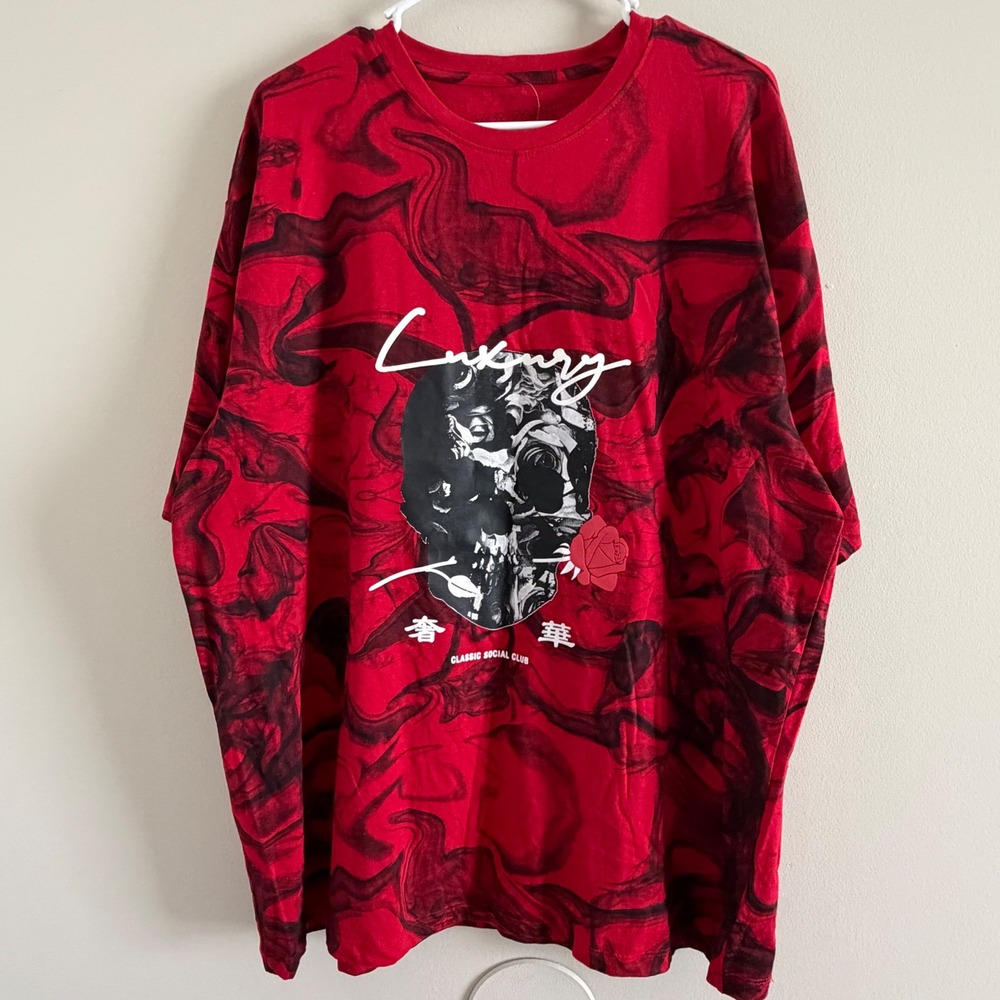 Vox Populi Mens Luxury Skull Rose Marble Graphic T-Shirt Red Black 2X